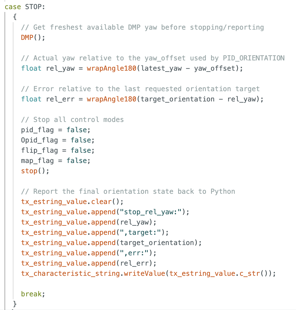 Arduino STOP command reporting actual relative yaw