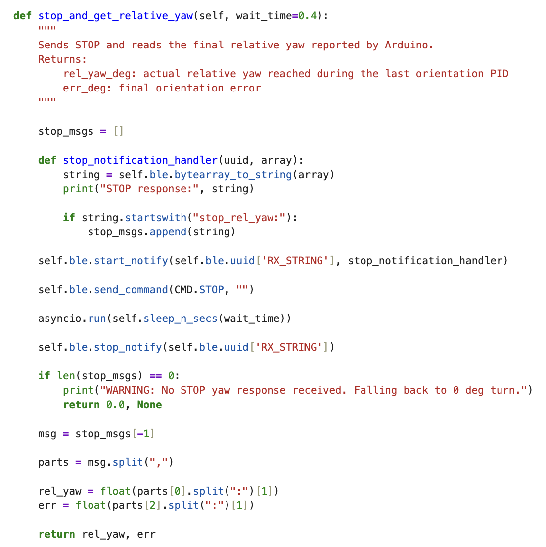 Python stop_and_get_relative_yaw helper function