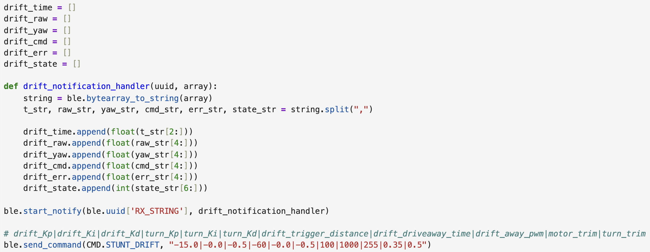 Python notification handler and BLE drift command